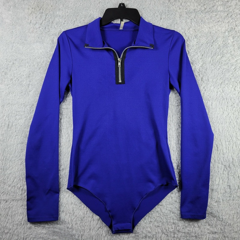 Emma & Sam Bodysuit Womens Small Blue Long Sleeve Quarter Zip Collared Athletic*